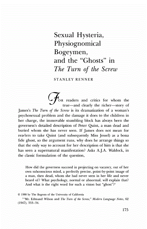 First page of Sexual Hysteria, Physiognomical Bogeymen, and the "Ghosts" in The Turn of the Screw