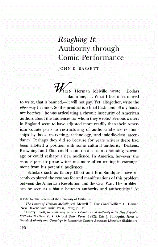 First page of Roughing It: Authority Through Comic Performance