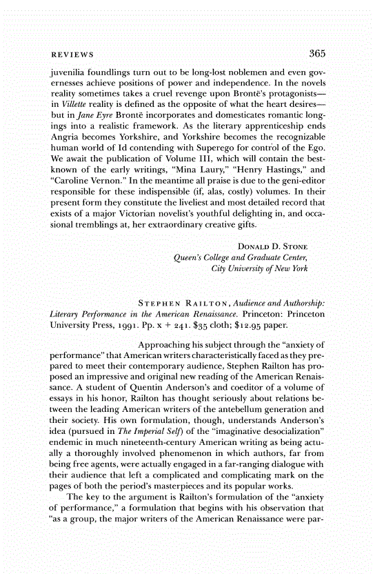 First page of Review: <italic>Audience and Authorship: Literary Performance in the American Renaissance.</italic>, by Stephen Railton