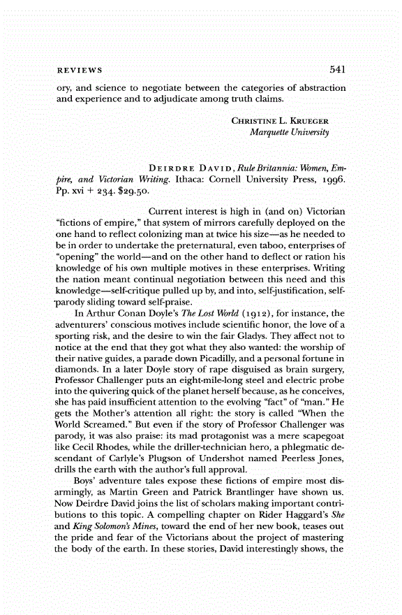 First page of Review: <italic>Rule Britannia: Women, Empire, and Victorian Writing.</italic>, by Deirdre David