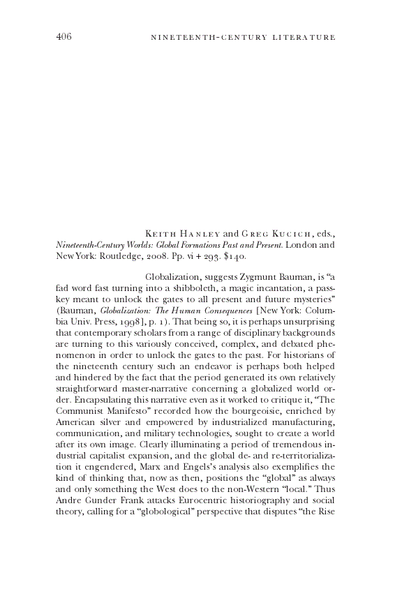 First page of Review: <italic>Nineteenth-Century Worlds: Global Formations Past and Present</italic>, by Keith Hanley and Greg Kucich
