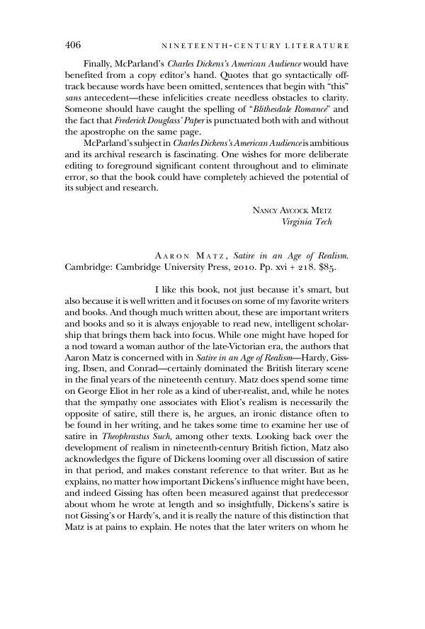 First page of Review: <italic>Satire in an Age of Realism</italic>, by Aaron Matz