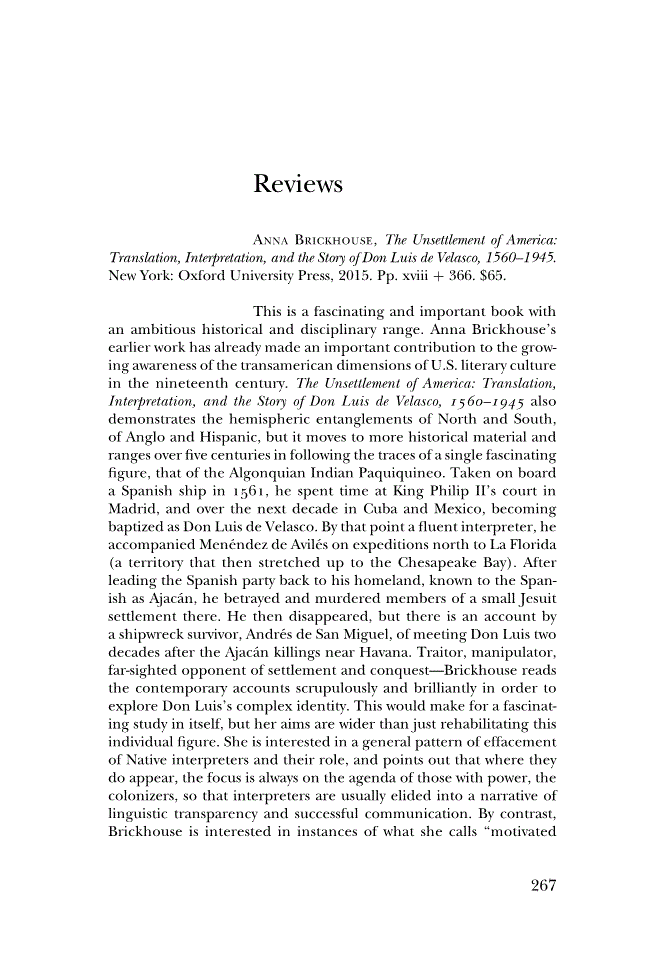 First page of Review: <italic>The Unsettlement of America: Translation, Interpretation, and the Story of Don Luis de Velasco, 1560–1945</italic> by Anna Brickhouse