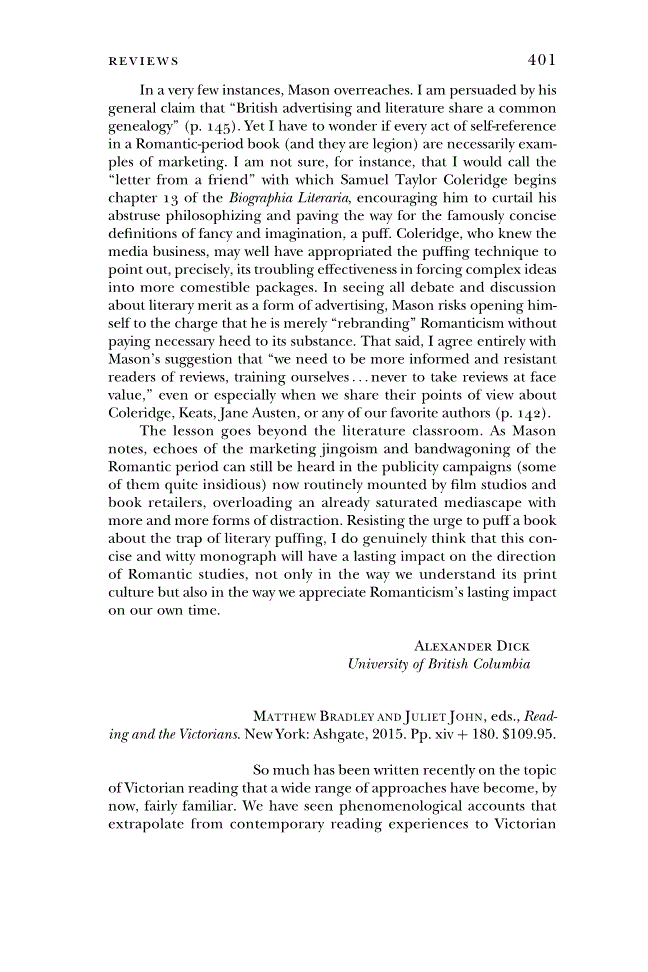 First page of Review: <italic>Reading and the Victorians</italic> by Matthew Bradley and Juliet John