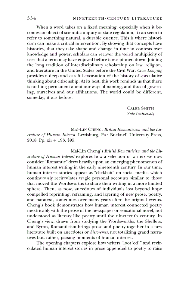 First page of Review: <italic>British Romanticism and the Literature of Human Interest</italic> by Mai-Lin Cheng