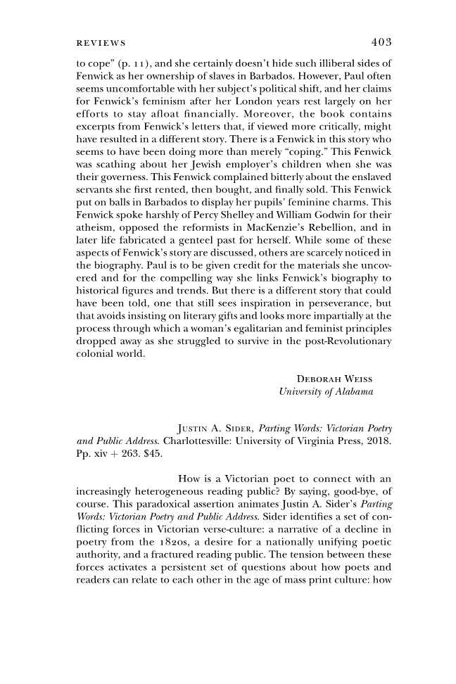First page of Review: <italic>Parting Words: Victorian Poetry and Public Address</italic> by Justin A. Sider