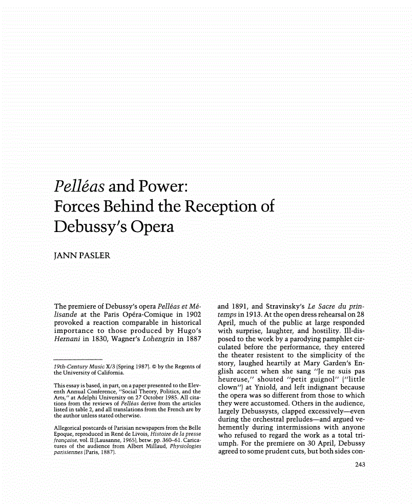 First page of  "Pelléas" and Power: Forces behind the Reception of Debussy's Opera