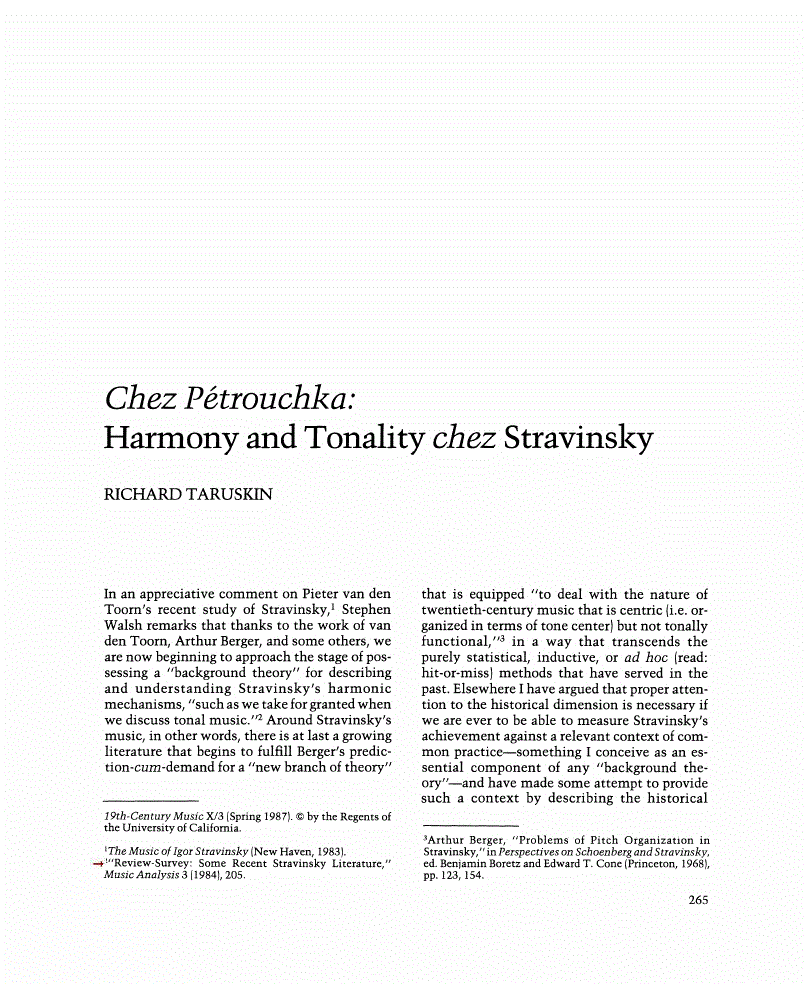 First page of  Chez Pétrouchka: Harmony and Tonality "chez" Stravinsky