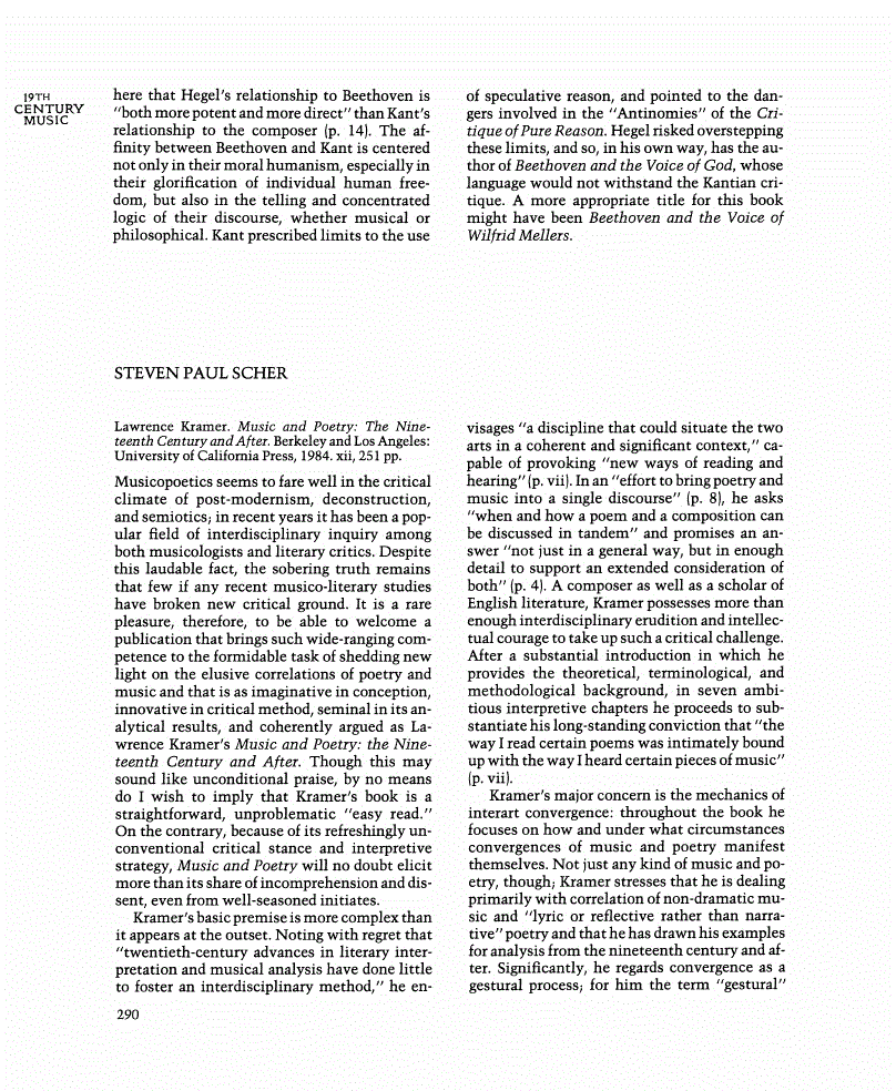 First page of Review: <italic>Music and Poetry: The Nineteenth Century and After</italic>, by Lawrence Kramer