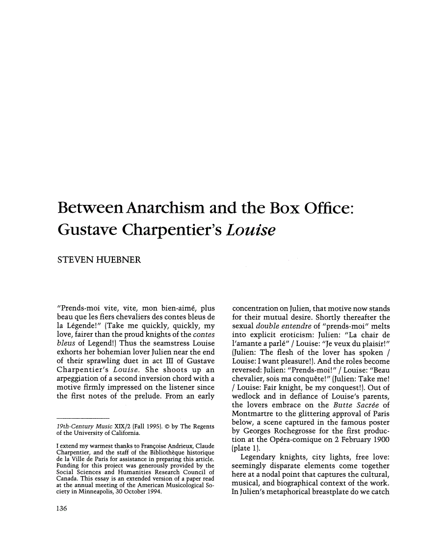 First page of Between Anarchism and the Box Office: Gustave Charpentier's "Louise"