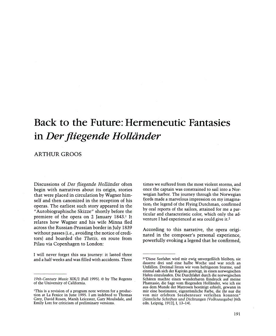 First page of  Back to the Future: Hermeneutic Fantasies in "Der fliegende Holländer"