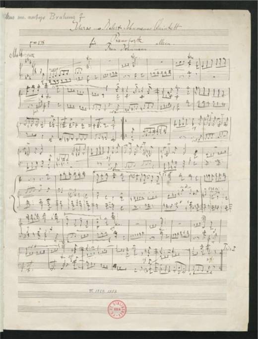 Brahms, solo piano arrangement of Robert Schumann’s Piano Quintet, op. 44, Scherzo opening, autograph gift for Clara’s 1854 birthday (Staatsbibliothek zu Berlin, Preußischer Kulturbesitz, Musikabteilung mit Mendelssohn-Archiv).