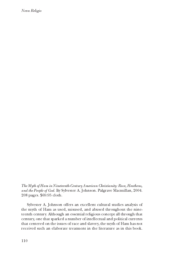 First page of Review: <italic>The Myth of Ham in Nineteenth-Century American Christianity: Race, Heathens, and the People of God</italic>, by Sylvester A. Johnson<alt-title alt-title-type="implied">Review</alt-title>