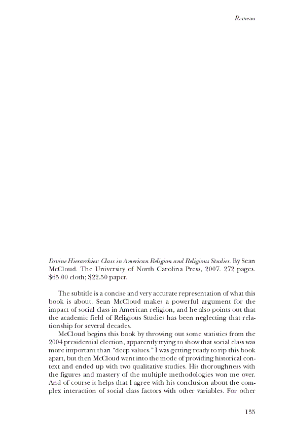 First page of Review: <italic>Divine Hierarchies: Class in American Religion and Religious Studies</italic>, by Sean McCloud<alt-title alt-title-type="implied">Review</alt-title>