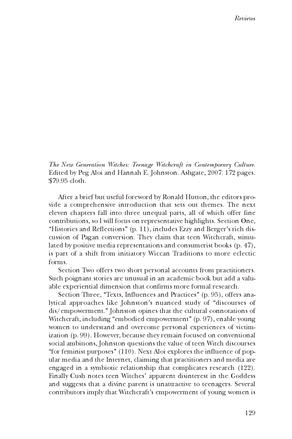 First page of Review: <italic>The New Generation Witches: Teenage Witchcraft in Contemporary Culture</italic>, by Peg Aloi and Hannah E. Johnston<alt-title alt-title-type="implied">Review</alt-title>