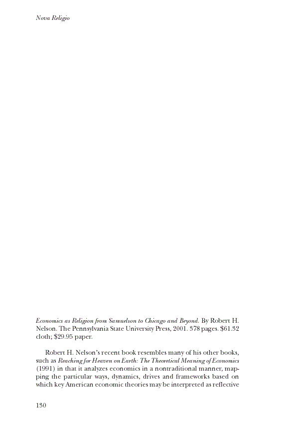 First page of Review: <italic>Economics as Religion from Samuelson to Chicago and Beyond</italic>, by Robert H. Nelson<alt-title alt-title-type="implied">Review</alt-title>