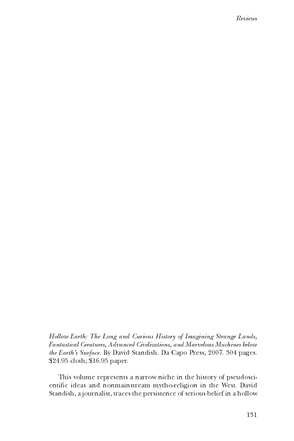 First page of Review: <italic>Hollow Earth: The Long and Curious History of Imagining Strange Lands, Fantastical Creatures, Advanced Civilizations, and Marvelous Machines below the Earth's Surface</italic>, by David Standish<alt-title alt-title-type="implied">Review</alt-title>
