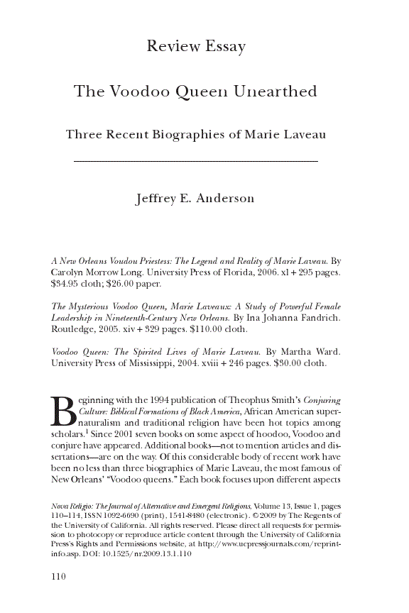 First page of The Voodoo Queen Unearthed: Three Recent Biographies of Marie Laveau