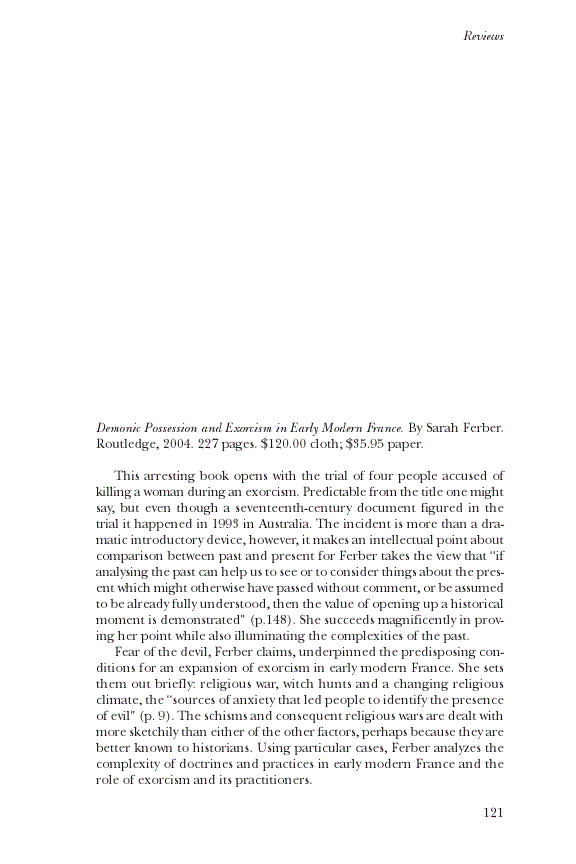 First page of Review: <italic>Demonic Possession and Exorcism in Early Modern France</italic>, by Sarah Ferber