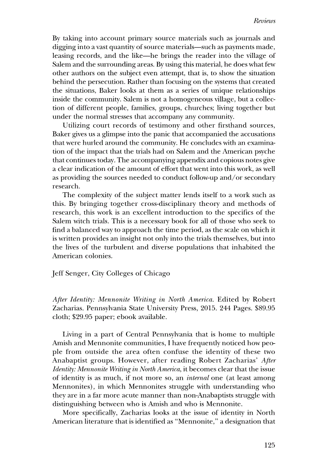 First page of Review: <italic>After Identity: Mennonite Writing in North America</italic> edited by Robert Zacharias