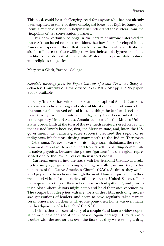 First page of Review: <italic>Amada’s Blessings from the Peyote Gardens of South Texas</italic> by Stacy B. Schaefer