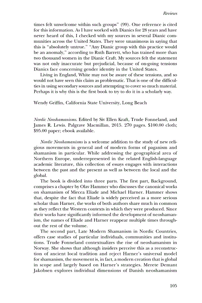 First page of Review: <italic>Nordic Neoshamanisms</italic> edited by Siv Ellen Kraft, Trude Fonneland, and James R. Lewis