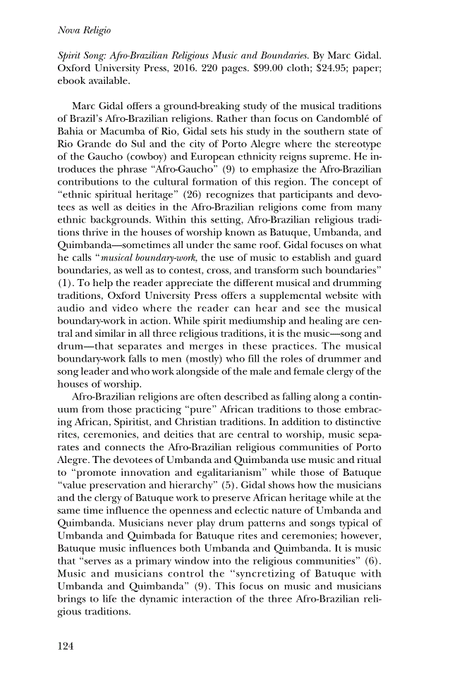 First page of Review: <italic>Spirit Song: Afro-Brazilian Religious Music and Boundaries</italic> by Marc Gidal