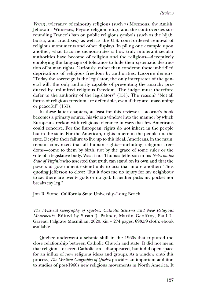 First page of Review: <italic>The Mystical Geography of Quebec: Catholic Schisms and New Religious Movements</italic>, edited by Susan J. Palmer, Martin Geoffroy, Paul L. Gareau.