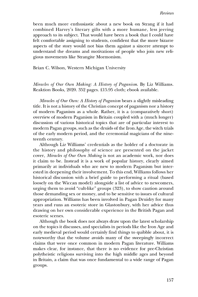 First page of Review: <italic>Miracles of Our Own Making: A History of Paganism</italic>, by Liz Williams