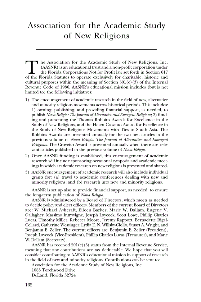 First page of Association for the Academic Study of New Religions