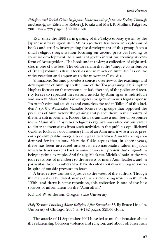 First page of Review: <italic>Religion and Social Crisis in Japan: Understanding Japanese Society Through the Aum Affair</italic>, by Robert J. Kisala and Mark R. Mullins