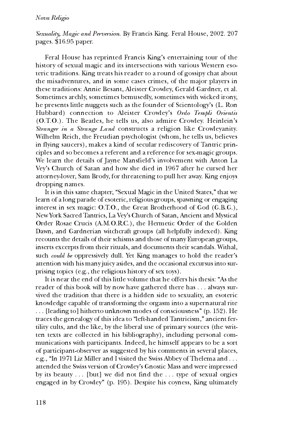 First page of Review: <italic>Sexuality, Magic and Perversion</italic>, by Francis King