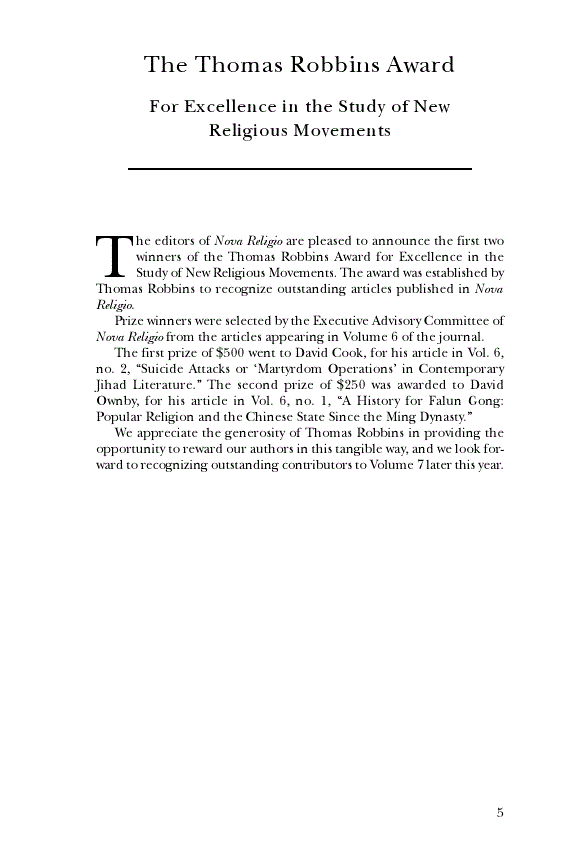 First page of The Thomas Robbins Award: For Excellence in the Study of New Religious Movements