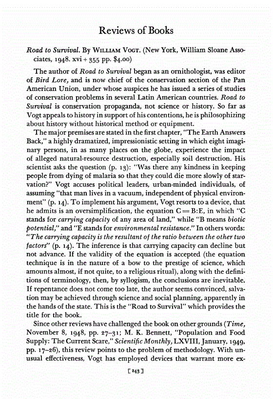 First page of Review: <italic>Road to Survival</italic>, by William Vogt