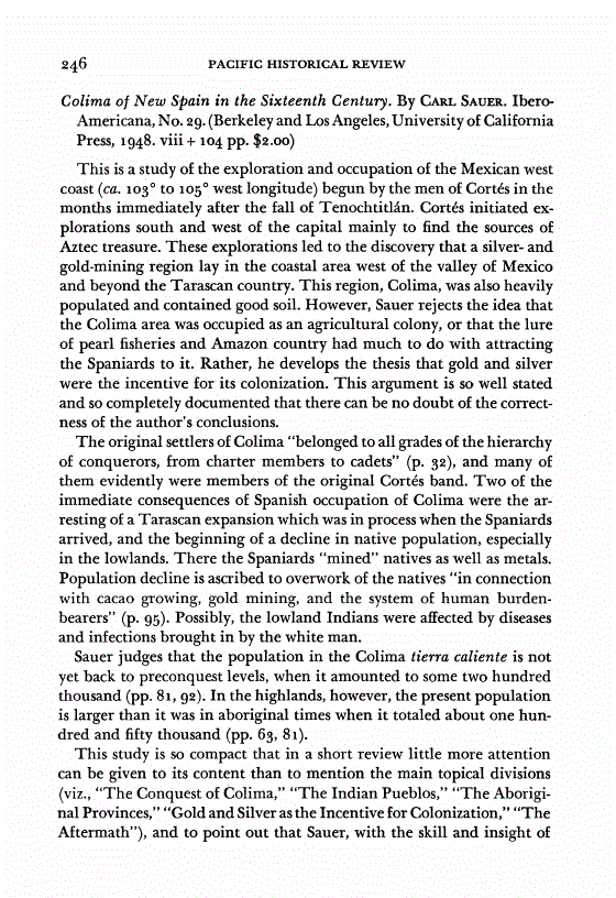 First page of Review: <italic>Colima of New Spain in the Sixteenth Century</italic>, by Carl Sauer