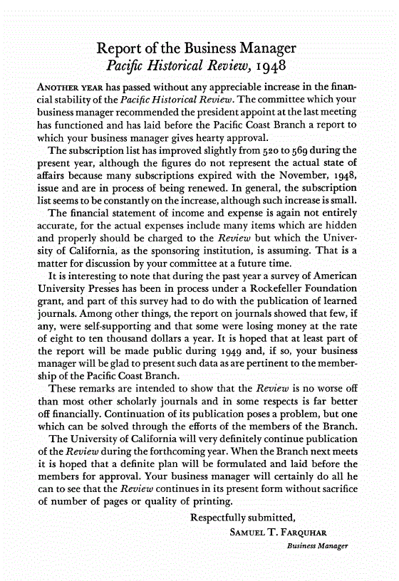 First page of Report of the Business Manager Pacific Historical Review, 1948