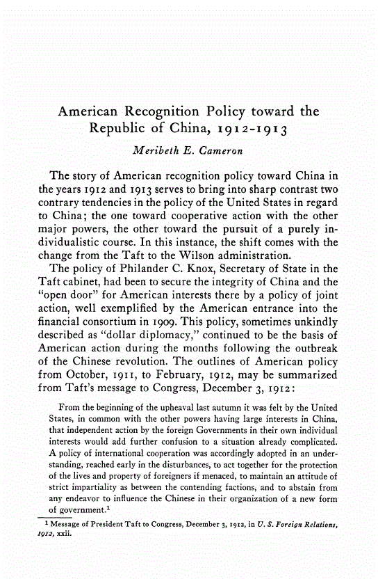 First page of American Recognition Policy toward the Republic of China, 1912-1913