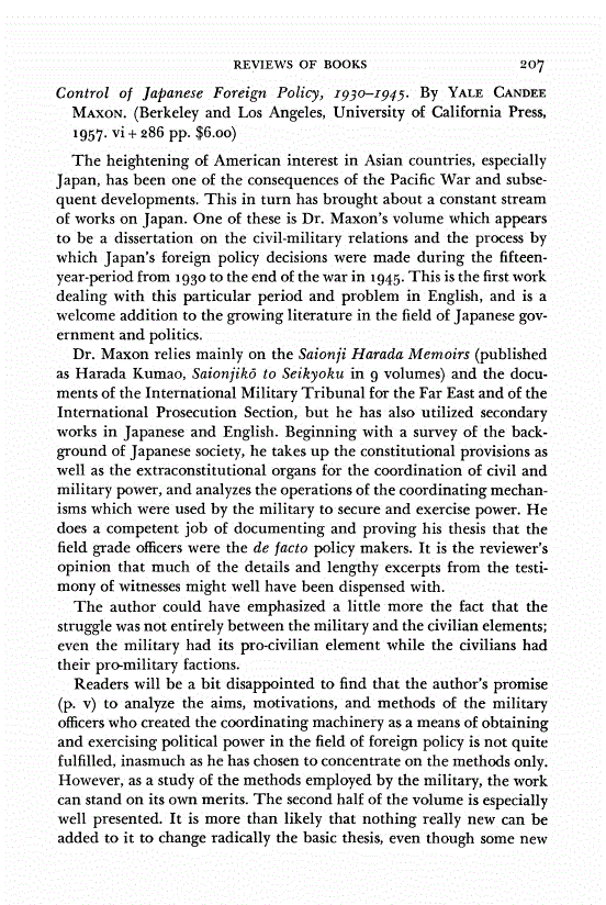 First page of Review: <italic>Control of Japanese Foreign Policy, 1930-1945</italic>, by Yale Candee Maxon