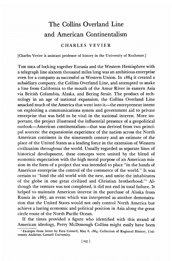 First page of The Collins Overland Line and American Continentalism
