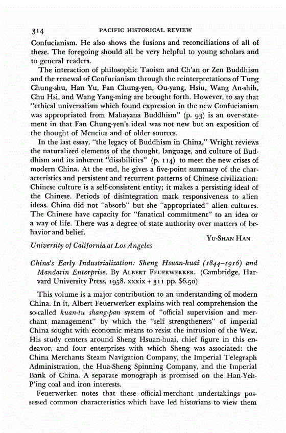 First page of Review: <italic>China's Early Industrialization: Sheng Hsuan-huai (1844-1916) and Mandarin Enterprise</italic>, by Albert Feuerwerker
