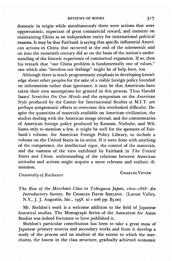 First page of Review: <italic>The Rise of the Merchant Class in Tokugawa Japan, 1600-1868: An Introductory Survey</italic>, by Charles David Sheldon
