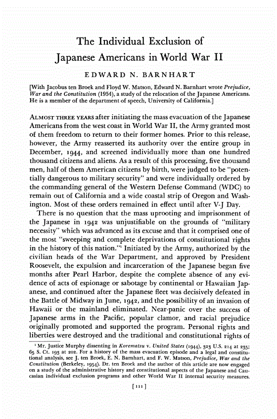 First page of The Individual Exclusion of Japanese Americans in World War II