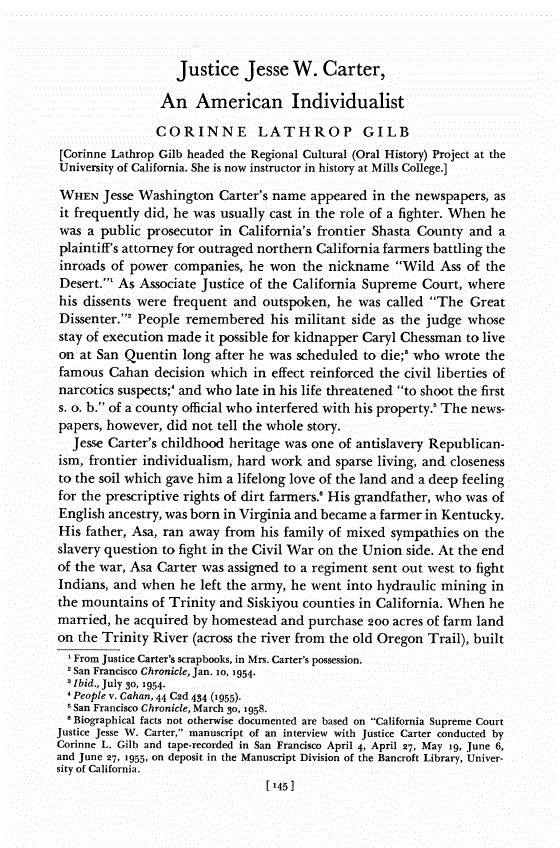 First page of Justice Jesse W. Carter, An American Individualist