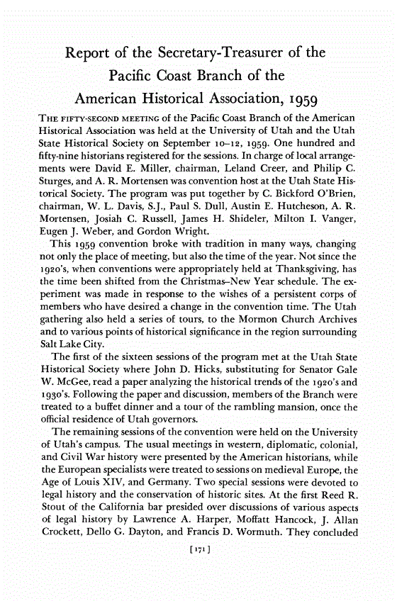 First page of Report of the Secretary-Treasurer of the Pacific Coast Branch of the American Historical Association, 1959