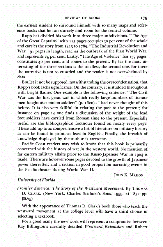 First page of Review: <italic>Frontier America: The Story of the Westward Movement</italic>, by Thomas D. Clark