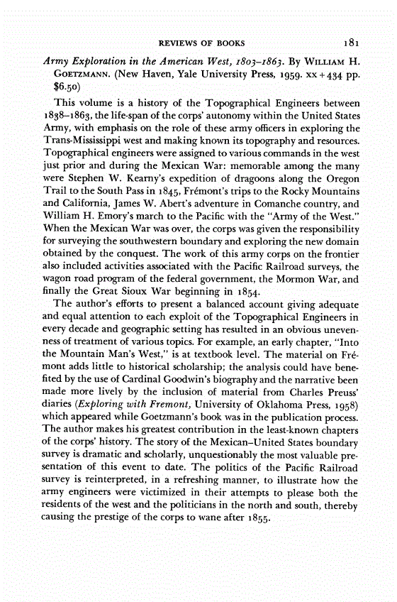 First page of Review: <italic>Army Exploration in the American West, 1803-1863</italic>, by William H. Goetzmann