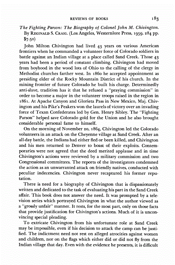 First page of Review: <italic>The Fighting Parson: The Biography of Colonel John M. Chivington</italic>, by John M. Chivington and Reginald S. Craig