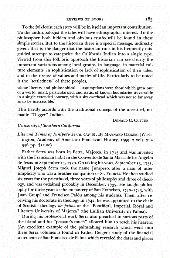 First page of Review: <italic>Life and Times of Junípero Serra, O.F.M.</italic>, by Maynard Geiger