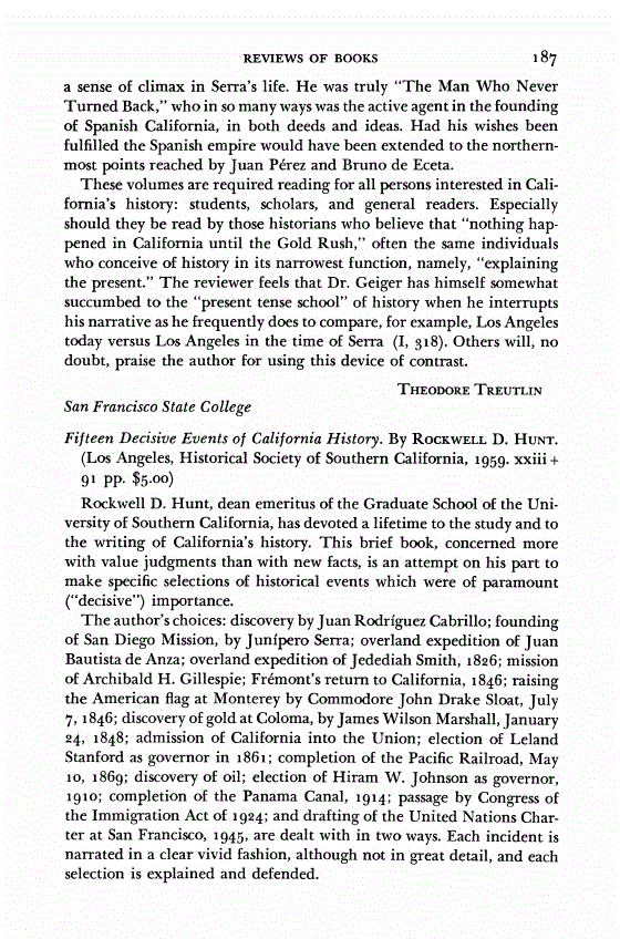 First page of Review: <italic>Fifteen Decisive Events of California History</italic>, by Rockwell D. Hunt