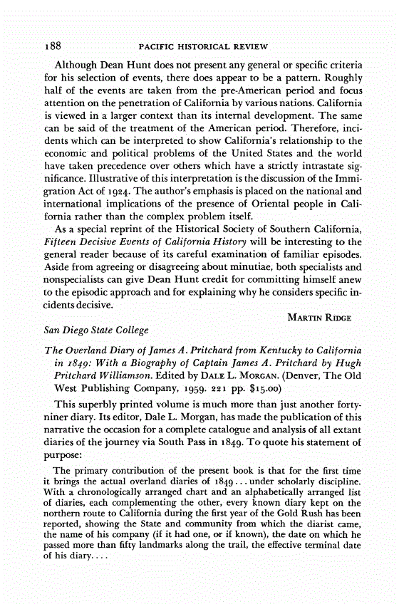 First page of Review: <italic>The Overland Diary of James A. Pritchard from Kentucky to California in 1849: With a Biography of Captain James A. Pritchard by Hugh Pritchard Williamson</italic>, by James A. Pritchard and Dale L. Morgan